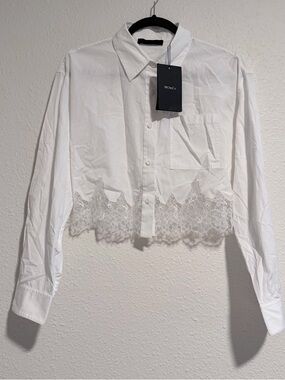 MO&Co White Cropped Button-Down Shirt with Lace Hem